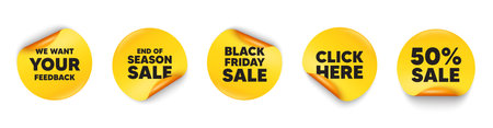 Your feedback sticker tag. 50 percent discount, Black friday paper price banners. We want your feedback tag. Survey or customer opinion sign. Client comment. Click here sticker. Vectorのイラスト素材