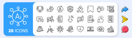 Package protection, Person info and Online shopping line icons. Interest rate, AI generate, Inflation icons. Pack of Low percent, Destination flag, Comment icon. Vectorのイラスト素材