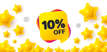 Sale 10 percent winner banner with 3d stars. Golden stars banner. Sale 10 percent off banner. Discount sticker shape. Coupon bubble icon. Review rate background. Vectorのイラスト素材