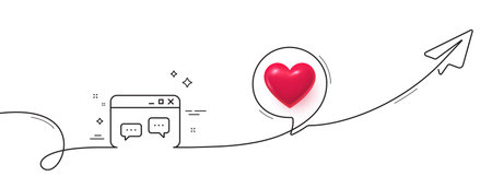 Browser Window line icon. Continuous line with share plane. Chat speech bubbles sign. Internet page symbol. 3d heart in speech bubble. Browser Window single line ribbon. Loop curve pattern. Vectorのイラスト素材