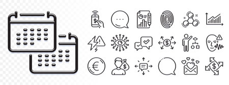 Fingerprint, Algorithm and Euro money line icons for web app. Glare of light effect. Message icon. Pack of Artificial intelligence, Chemistry molecule, Love mail pictogram icons. Vectorのイラスト素材