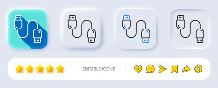 Charging cable line icon. Neumorphic, Flat shadow, 3d buttons. Mobile accessories sign. Data cord symbol. Line charging cable icon. Social media icons. Vectorのイラスト素材
