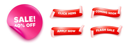 Sale sticker, offer ribbons. Apply now, Flash sale. Sale 60 percent off discount. Promotion price offer sign. Retail badge symbol. Pink sticker tag. Flag ribbon banners. Vectorのイラスト素材