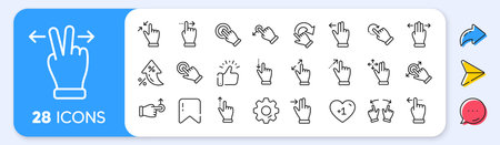 Touchscreen gesture line icons. Interest rate, AI generate, Inflation icons. Hand swipe, Slide gesture, Multitasking icons. Touchscreen technology, tap on screen, drag and drop. Vectorのイラスト素材