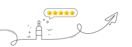 Brandy bottle line icon. Continuous line with share plane. Whiskey or Scotch alcohol sign. Five star rate review in speech bubble. Brandy bottle single line ribbon. Loop curve pattern. Vectorのイラスト素材