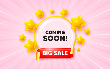 Coming soon sunburst ray banner. Big sale flag ribbon. Coming soon tag. Promotion banner sign. New product release symbol. 3d stars glitter. Red ribbon tag. Discount offer. Vectorのイラスト素材