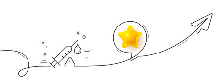 Vaccine attention line icon. Continuous line with share plane. Vaccination syringe warning sign. Jab symbol. 3d star in speech bubble. Vaccine attention single line ribbon. Loop curve pattern. Vectorのイラスト素材