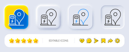 Charging station line icon. Neumorphic, Flat shadow, 3d buttons. Car charge location sign. Electric power symbol. Line charging station icon. Social media icons. Vectorのイラスト素材