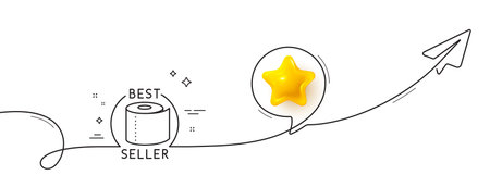 Toilet paper tissue roll line icon. Continuous line with share plane. Best seller sign. Coronavirus shopping panic symbol. 3d star in speech bubble. Toilet paper single line ribbon. Vectorのイラスト素材