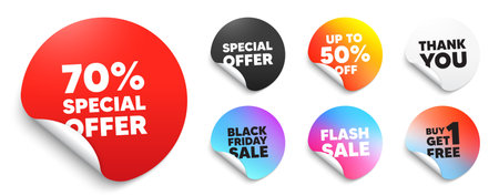 Discount red sticker tag. Special offer paper price tags. 70 percent discount offer tag. Sale price promo sign. Special offer symbol. Discount, black friday sticker. Promo banner. Vectorのイラスト素材