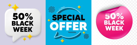 Black week speech bubble. 3d sparkles chat, Paper sticker. Black week 50 percent sale. Special discount sign. Black friday offer symbol. Special offer bubble. Halftone dots pattern. Vectorのイラスト素材