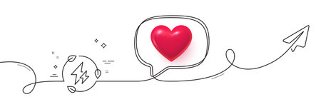 Green electricity line icon. Continuous line with share plane. Leaf energy power sign. Lightning bolt symbol. 3d heart in speech bubble. Green electricity single line ribbon. Vectorのイラスト素材