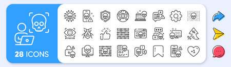 Cyber attack line icons. Interest rate, AI generate, Inflation icons. Phishing risk, Data ransomware, Binary code. Hacker attack, Virus secure, Malware bug outline icons. Vectorのイラスト素材