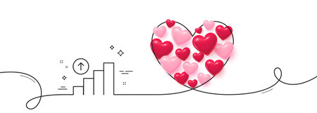 Graph line icon. Continuous line big heart. Column chart sign. Growth diagram symbol. 3d hearts in...