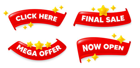 Click here flag ribbon. Mega discount, Final sale, Now open. Click here. Register announce sign. Order here offer symbol. Red flag ribbon banners. Promo offer tags. Vectorのイラスト素材