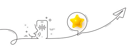 Voicemail line icon. Continuous line with share plane. Record phone voice sign. Cellphone mic symbol. 3d star in speech bubble. Voicemail single line ribbon. Loop curve pattern. Vectorのイラスト素材