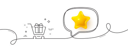 Shopping cart with Gift box line icon. Continuous line with 3d star. Present or Sale sign. Birthday Shopping symbol. Package in Gift Wrap. 3d star in speech bubble. Vectorのイラスト素材