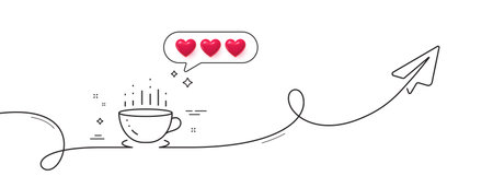 Coffee cup line icon. Continuous line with share plane. Hot tea drink sign. Hotel service symbol. Hearts rate review in speech bubble. Coffee cup single line ribbon. Loop curve pattern. Vectorのイラスト素材