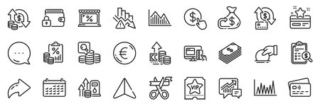 Loyalty card, Online payment and Market line icons pack. Share, Message, Paper plane icons. Investment graph, Accounting, Cashback web icon. Donate, Line graph, Lock pictogram. Vectorのイラスト素材