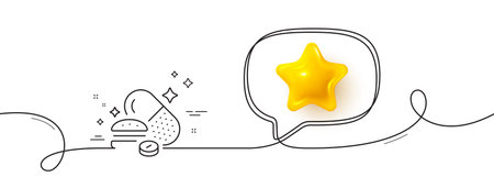 Overeating pills line icon. Continuous line with 3d star. Food digestion capsule sign. Unhealthy nutrition symbol. 3d star in speech bubble. Overeating pills single line ribbon. Vectorのイラスト素材