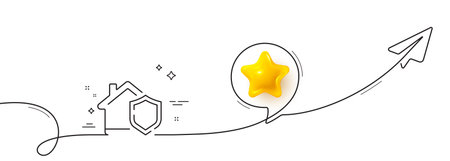 Home insurance line icon. Continuous line with share plane. House protect sign. Property defense symbol. 3d star in speech bubble. Home insurance single line ribbon. Loop curve pattern. Vectorのイラスト素材
