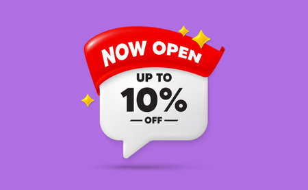 Discount tag chat speech bubble. Now open flag ribbon. Up to 10 percent off sale. Discount offer price sign. Special offer symbol. Save 10 percentages. 3d sparkle stars speech bubble. Vectorのイラスト素材