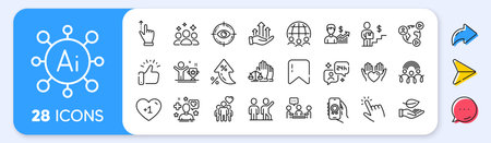 Teamwork, Global business and Squad line icons. Interest rate, AI generate, Inflation icons. Pack of Delivery man, Award app, Friendship icon. Consulting, Patient, Growth chart pictogram. Vectorのイラスト素材