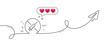 No vaccine line icon. Continuous line with share plane. Stop Vaccination sign. Syringe jab symbol. Hearts rate review in speech bubble. No vaccine single line ribbon. Loop curve pattern. Vectorのイラスト素材