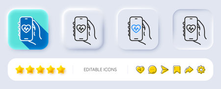 Health app line icon. Neumorphic, Flat shadow, 3d buttons. Hand hold phone sign. Cellphone with...