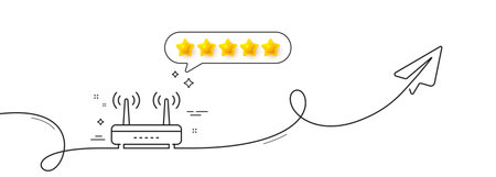 Wifi router line icon. Continuous line with share plane. Computer component sign. Internet symbol. Five star rate review in speech bubble. Wifi single line ribbon. Loop curve pattern. Vectorのイラスト素材
