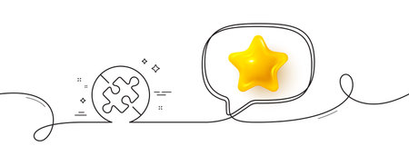 No Puzzle line icon. Continuous line with 3d star. Jigsaw piece sign. Business challenge symbol. 3d...