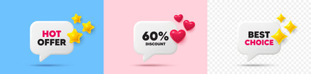 Discount chat speech bubble. 3d stars, sparkles, hearts chat bubbles. 60 percent discount tag. Sale offer price sign. Special offer symbol. Hot offer, best choice tag. Vectorのイラスト素材