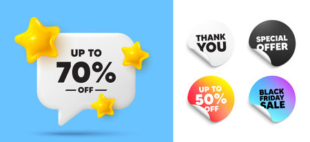 Discount tag speech bubble, sticker tags. Discount, Black friday stickers. Up to 70 percent off sale. Discount offer price sign. Special offer symbol. Save 70 percentages. Thank you tag. Vectorのイラスト素材