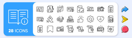 Technical document line icons. Interest rate, AI generate, Inflation icons. Set of Instruction, Plan and Manual icons. Help document, Building plan and Algorithm symbols. Vectorのイラスト素材