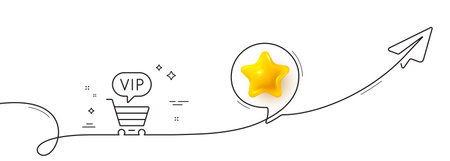 Vip shopping cart line icon. Continuous line with share plane. Very important person sign. Member club privilege symbol. 3d star in speech bubble. Vip shopping single line ribbon. Vectorのイラスト素材