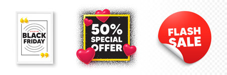 Discount photo frame 3d hearts. Flash sale sticker banner. 50 percent discount offer tag. Sale price...