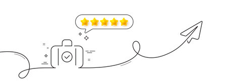 Carry-on baggage line icon. Continuous line with share plane. Travel handbag sign. Allowed luggage bag symbol. Five star rate review in speech bubble. Carry-on baggage single line ribbon. Vectorのイラスト素材