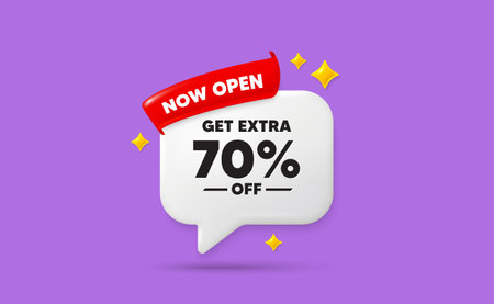 Extra discount ribbon speech bubble. Now open flag ribbon. Get Extra 70 percent off Sale. Discount...