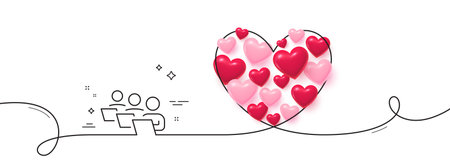 Teamwork line icon. Continuous line big heart. Remote office sign. Team employees symbol. 3d hearts in heart shaped loop. Teamwork single line ribbon. Loop curve pattern. Vectorのイラスト素材