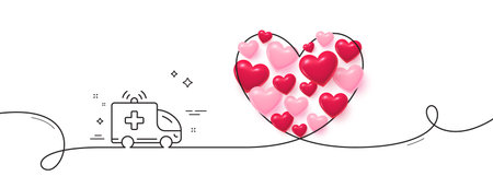 Ambulance car line icon. Continuous line big heart. Medical emergency transport sign. 3d hearts in...