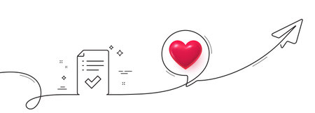 Approved checklist line icon. Continuous line with share plane. Accepted or confirmed sign. Report symbol. 3d heart in speech bubble. Approved checklist single line ribbon. Loop curve pattern. Vectorのイラスト素材