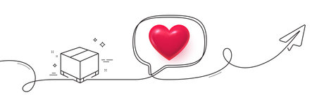 Parcel box line icon. Continuous line with share plane. Logistics delivery sign. Package tracking symbol. 3d heart in speech bubble. Delivery box single line ribbon. Loop curve pattern. Vectorのイラスト素材