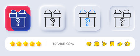 Gift box with Question mark line icon. Neumorphic, Flat shadow, 3d buttons. Present or Sale sign. Birthday Shopping symbol. Package in Gift Wrap. Line secret gift icon. Social media icons. Vectorのイラスト素材