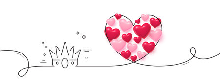 Crown line icon. Continuous line big heart. King or queen corona sign. Royal monarchy symbol. 3d hearts in heart shaped loop. Crown single line ribbon. Loop curve pattern. Vectorのイラスト素材