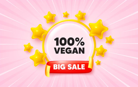 Vegan food sunburst ray banner. Big sale flag ribbon. 100 percent vegan tag. Organic bio food sign. Vegetarian product symbol. 3d stars glitter. Red ribbon tag. Discount offer. Vectorのイラスト素材
