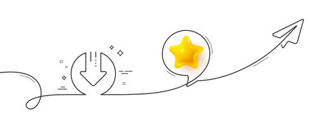 Download line icon. Continuous line with share plane. Down arrow sign. Discount symbol. 3d star in...