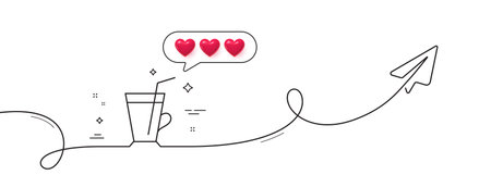 Coffee cup line icon. Continuous line with share plane. Hot latte sign. Tea drink mug symbol. Hearts rate review in speech bubble. Coffee cup single line ribbon. Loop curve pattern. Vectorのイラスト素材