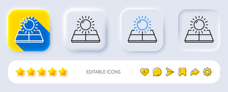 Sun energy line icon. Neumorphic, Flat shadow, 3d buttons. Solar panels sign. Ecology power symbol. Line sun energy icon. Social media icons. Vectorのイラスト素材