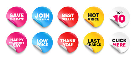 Save date sticker tag. Top 10, Best seller, Hot price banners. Save the date tag. Calendar meeting offer. Save appointment message. Join our team sticker. Vectorのイラスト素材