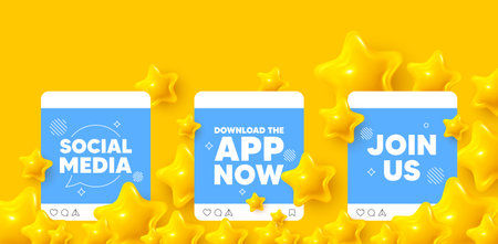 Download app social media post. Join us template mockup. Download the app now. Web application sign. Get program software symbol. Like, comment and share icons. Vectorのイラスト素材